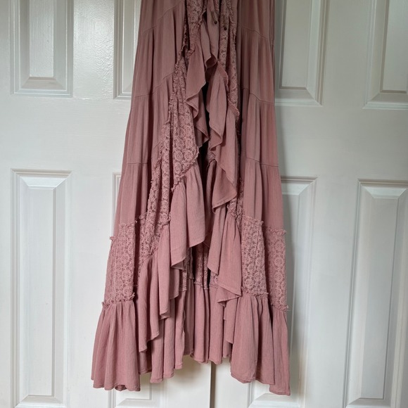 Free People Dusty Pink Cottagecore Boho Ruffle Tiered Maxi Dress Size L - Picture 7 of 15